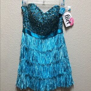 Flirt N.W.T.by Maggie SotteroTurquoise Sequin Fringe Strapless Dress SZ 6 Prom
